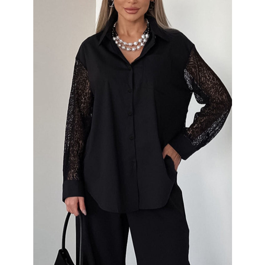 Lace Sleeve Button-Down Shirt Black / S Apparel and Accessories