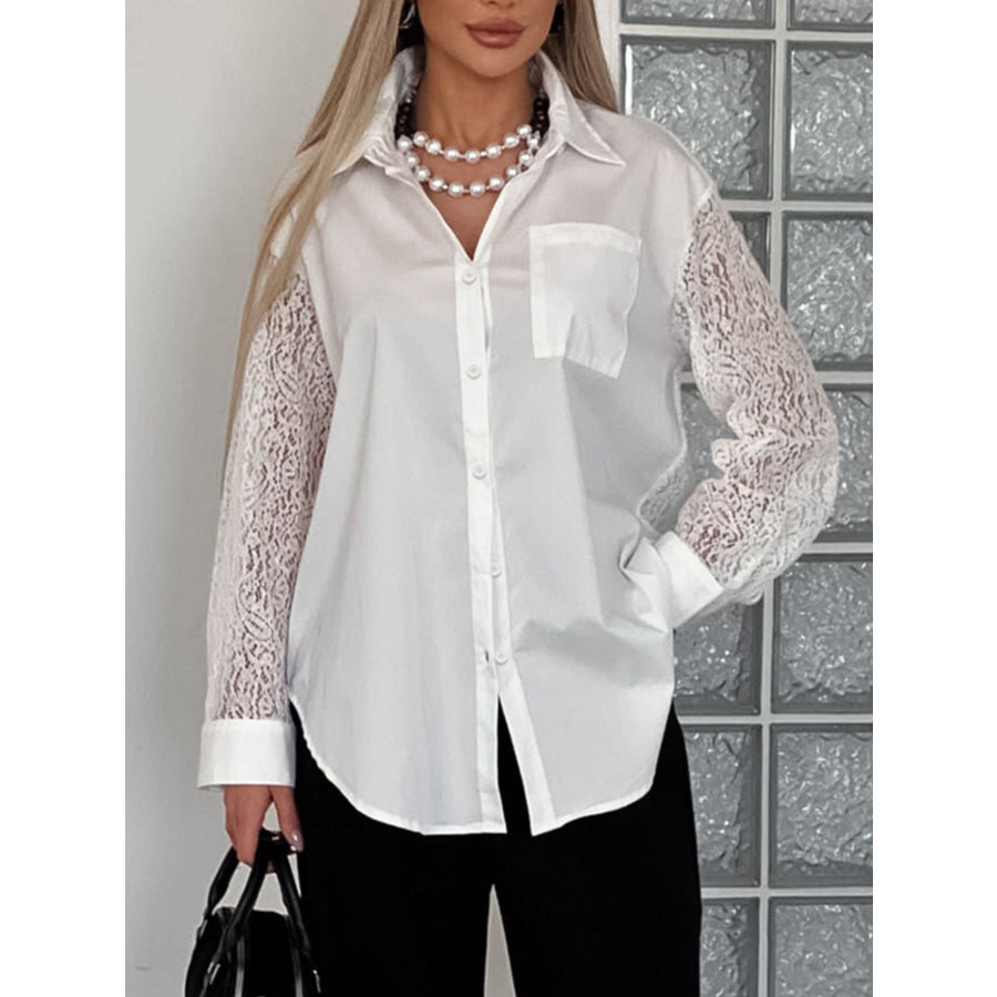 Lace Sleeve Button-Down Shirt White / S Apparel and Accessories