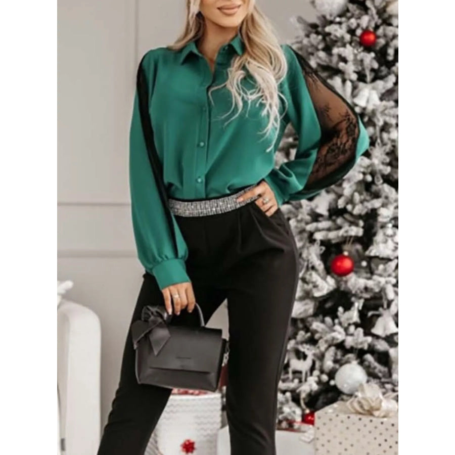 Lace-Sleeve Button Up Shirt Apparel and Accessories