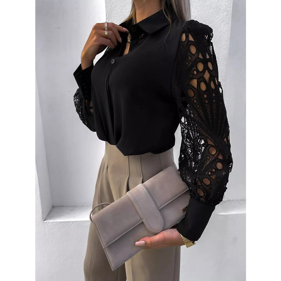 Lace Sleeve Collared Neck Blouse Apparel and Accessories