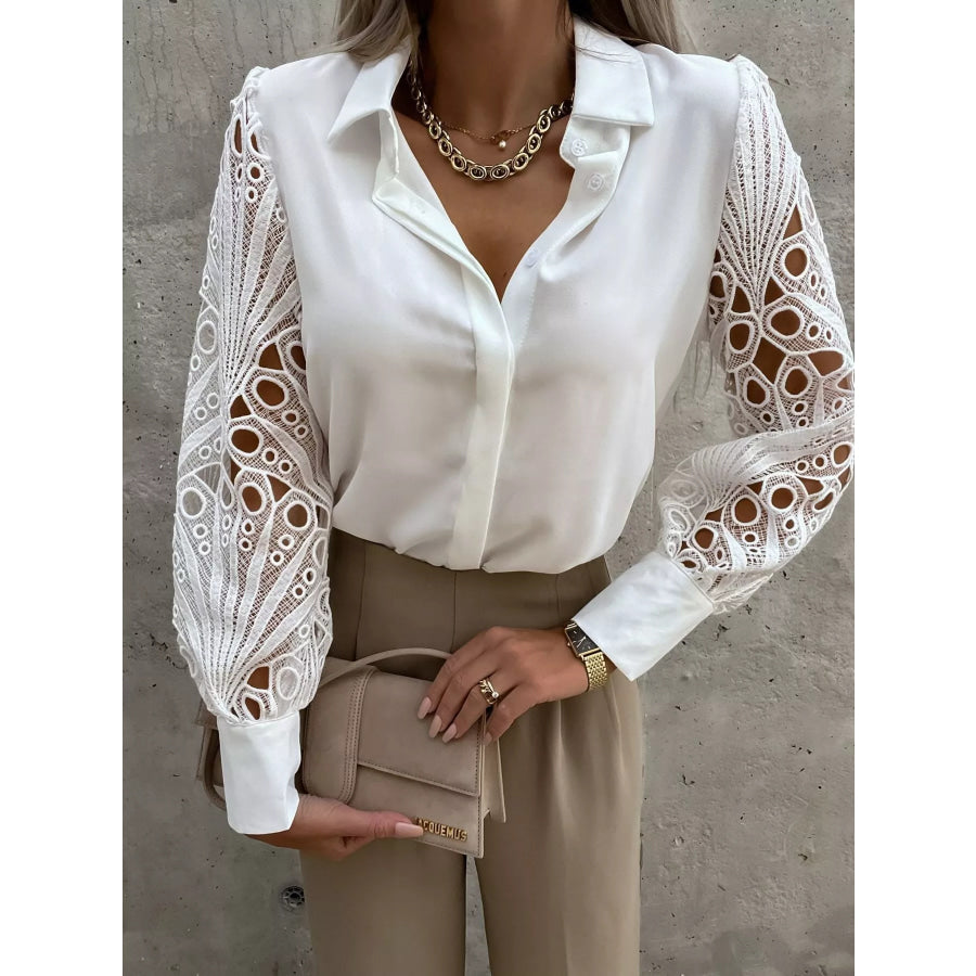 Lace Sleeve Collared Neck Blouse Apparel and Accessories