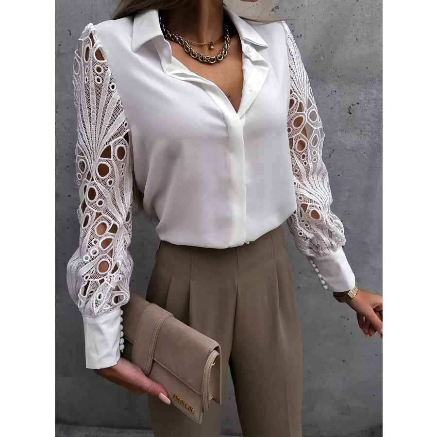 Lace Sleeve Collared Neck Blouse Apparel and Accessories