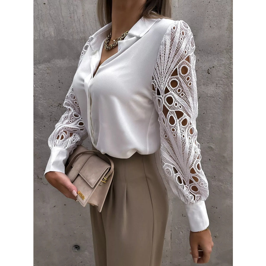 Lace Sleeve Collared Neck Blouse Apparel and Accessories