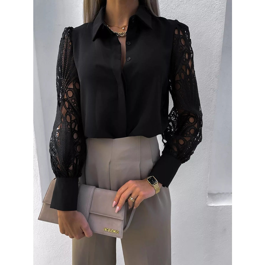 Lace Sleeve Collared Neck Blouse Apparel and Accessories