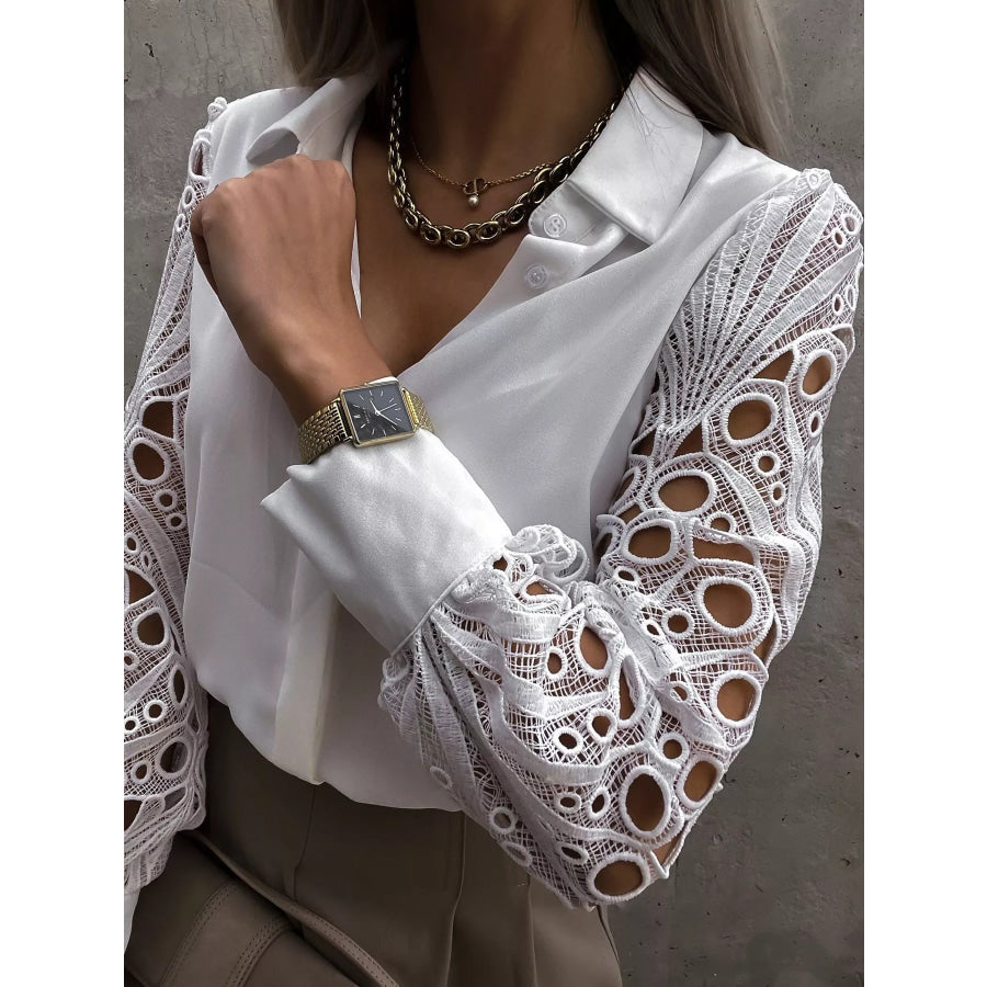 Lace Sleeve Collared Neck Blouse Apparel and Accessories