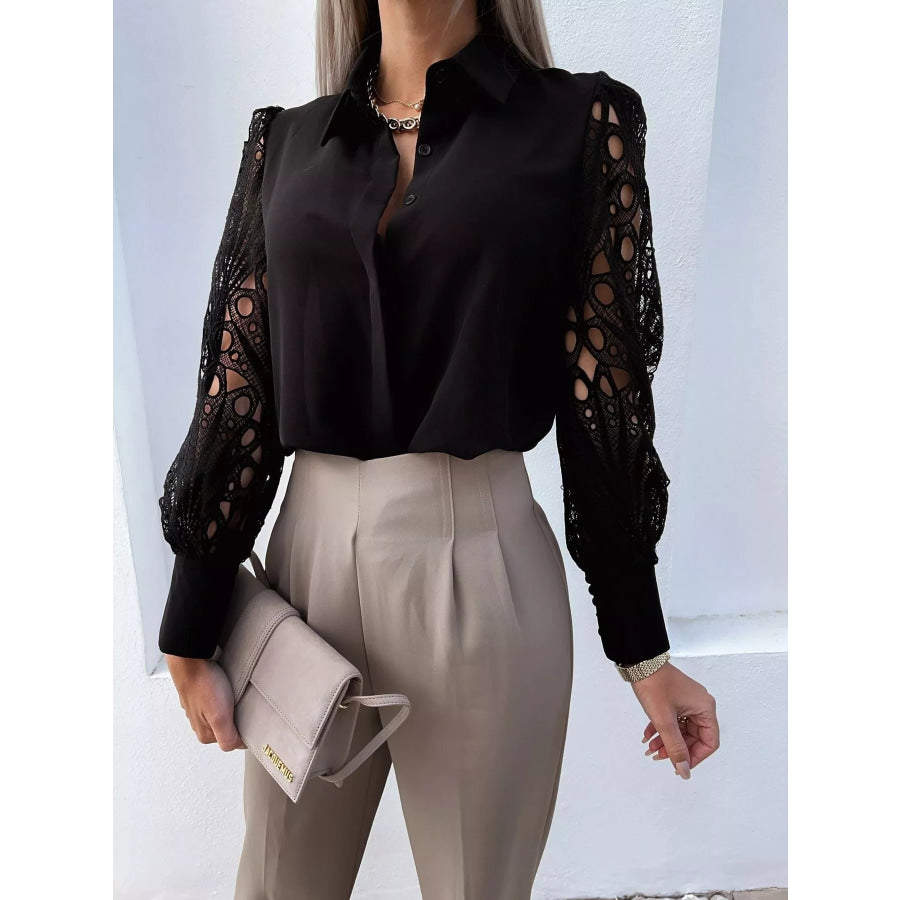 Lace Sleeve Collared Neck Blouse Black / S Apparel and Accessories