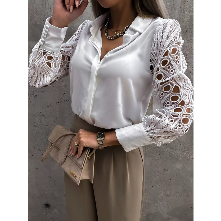 Lace Sleeve Collared Neck Blouse White / S Apparel and Accessories