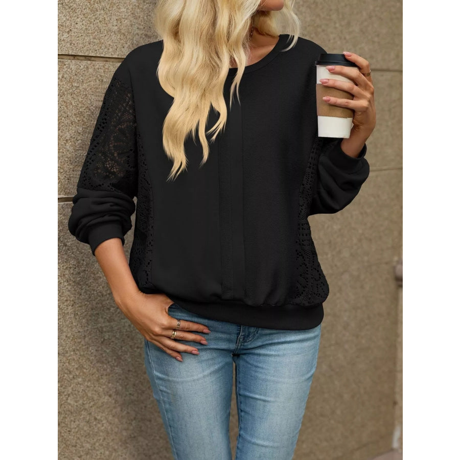 Lace Sleeve Crew Neck Sweatshirt Apparel and Accessories