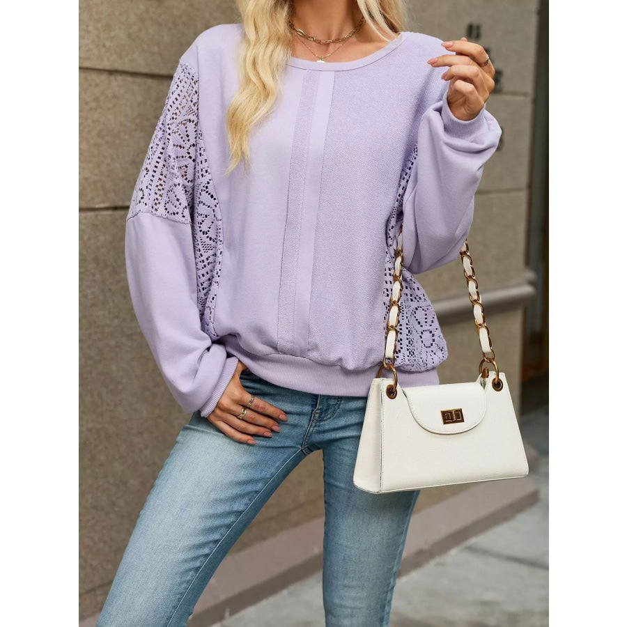 Lace Sleeve Crew Neck Sweatshirt Apparel and Accessories