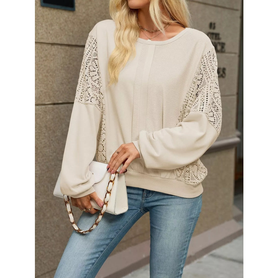 Lace Sleeve Crew Neck Sweatshirt Apparel and Accessories