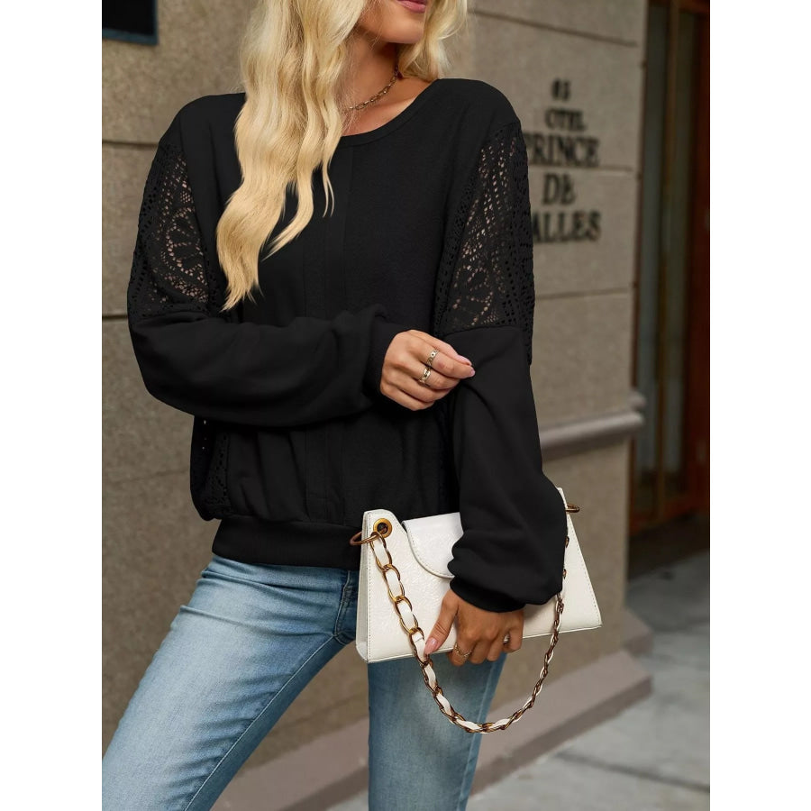 Lace Sleeve Crew Neck Sweatshirt Apparel and Accessories