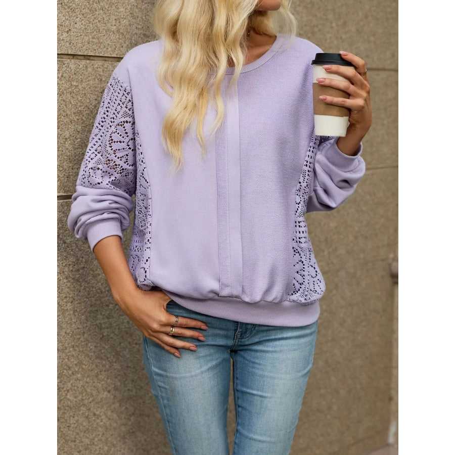 Lace Sleeve Crew Neck Sweatshirt Apparel and Accessories