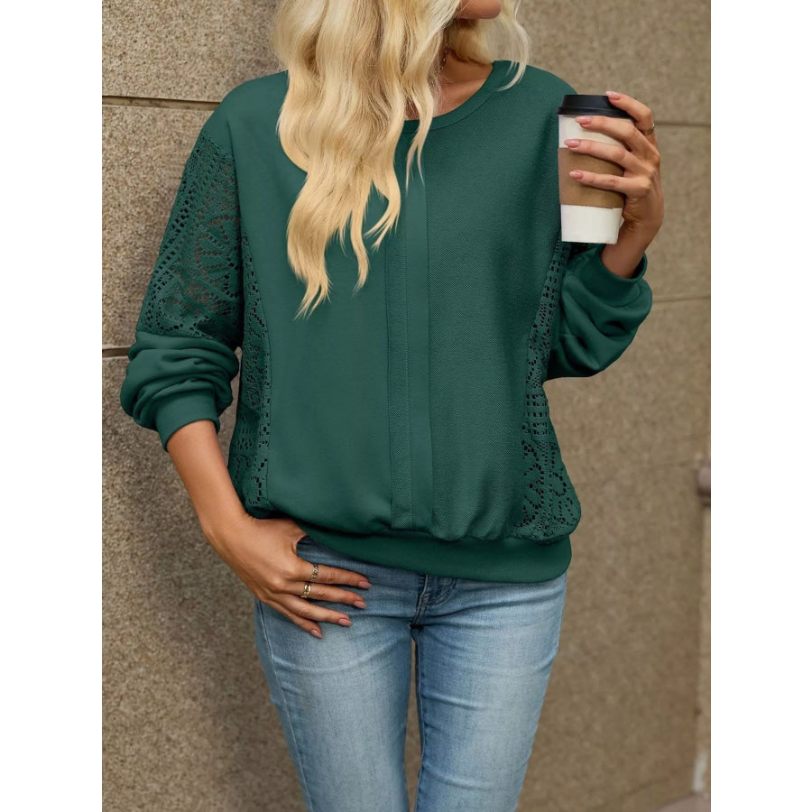 Lace Sleeve Crew Neck Sweatshirt Apparel and Accessories