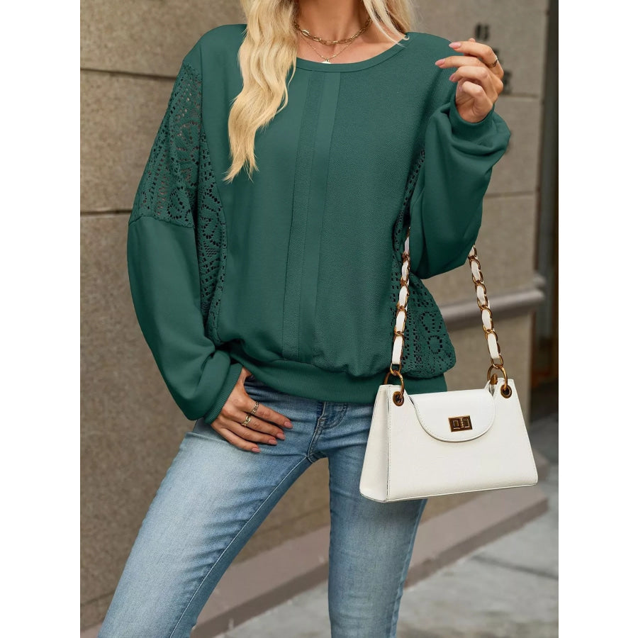 Lace Sleeve Crew Neck Sweatshirt Apparel and Accessories