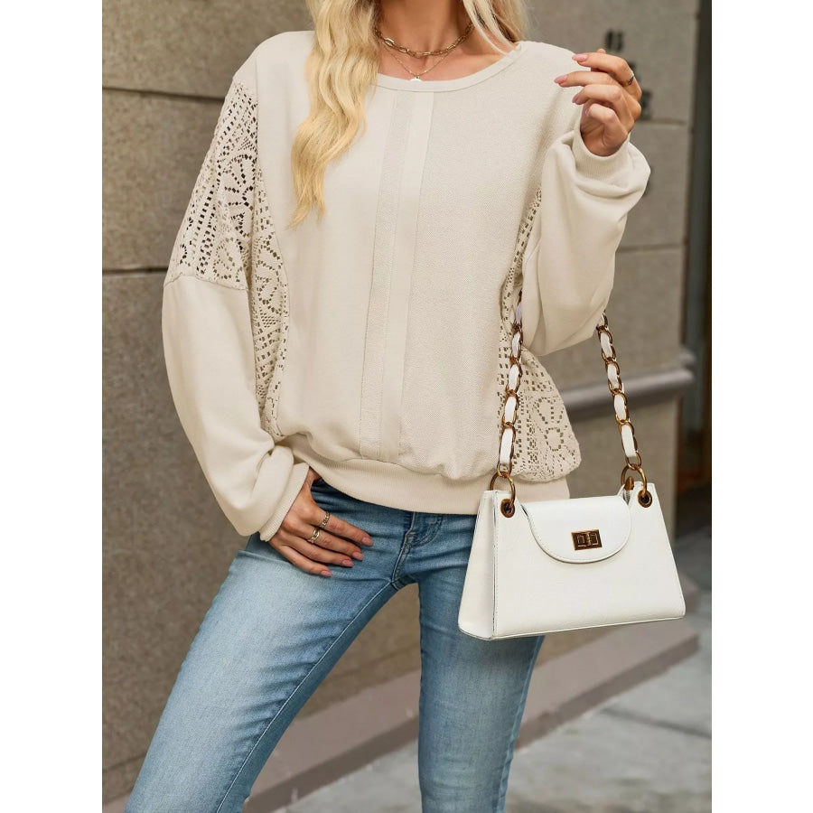 Lace Sleeve Crew Neck Sweatshirt Apparel and Accessories