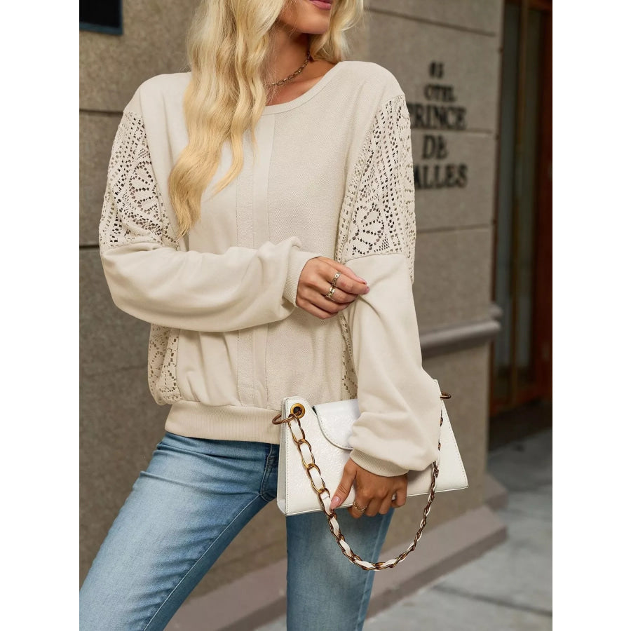 Lace Sleeve Crew Neck Sweatshirt Apparel and Accessories