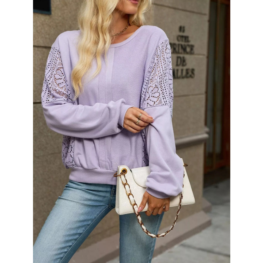 Lace Sleeve Crew Neck Sweatshirt Apparel and Accessories