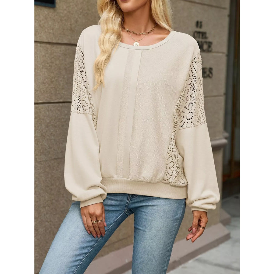Lace Sleeve Crew Neck Sweatshirt Apparel and Accessories