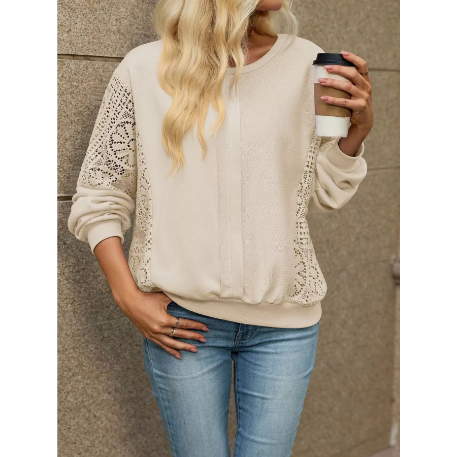 Lace Sleeve Crew Neck Sweatshirt Apricot / S Apparel and Accessories