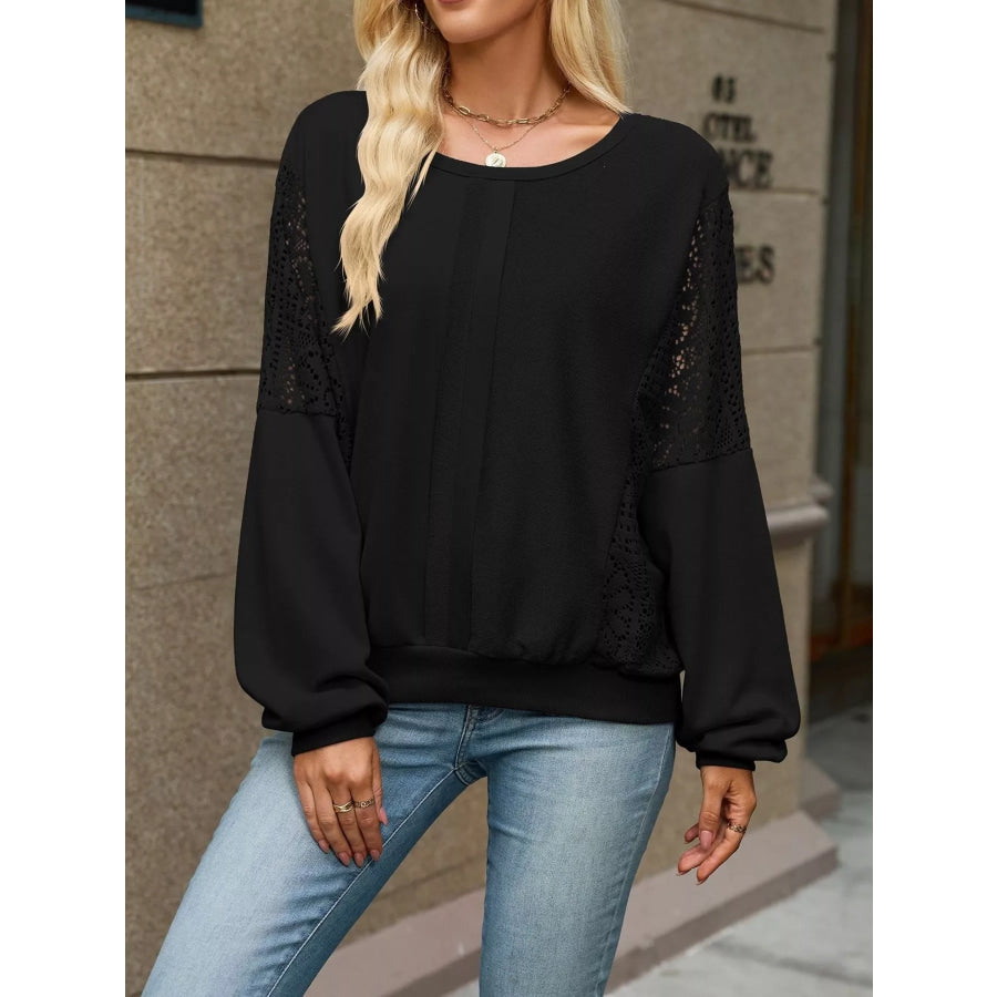 Lace Sleeve Crew Neck Sweatshirt Black / S Apparel and Accessories