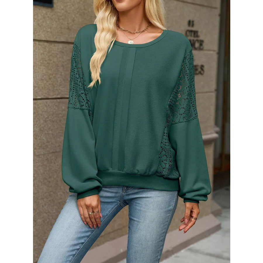 Lace Sleeve Crew Neck Sweatshirt Dark Green / S Apparel and Accessories
