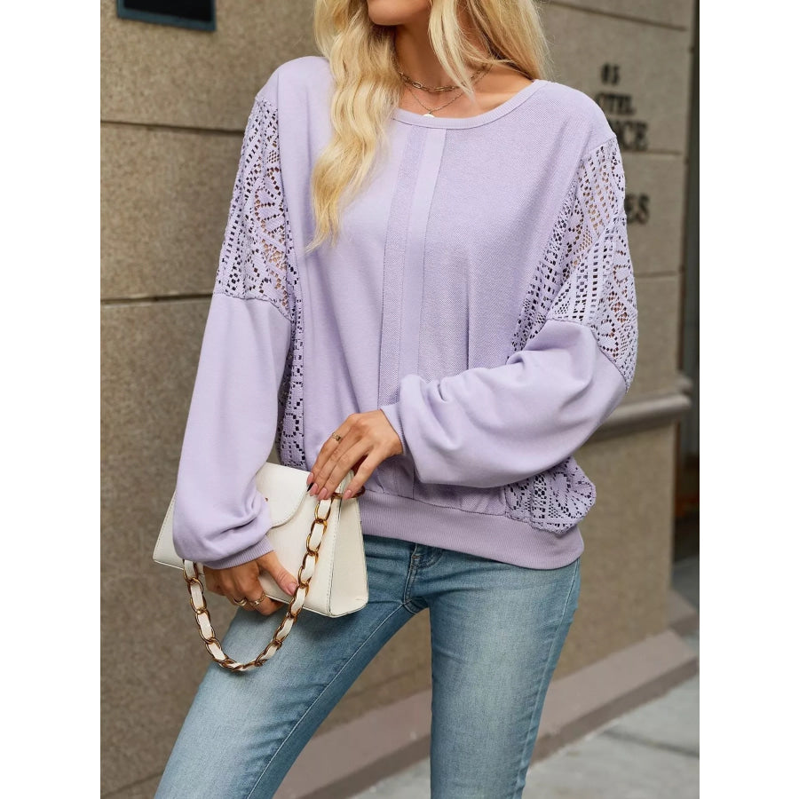 Lace Sleeve Crew Neck Sweatshirt Purple / S Apparel and Accessories