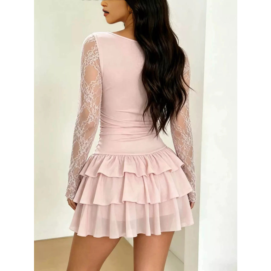 Lace Sleeve Ruffle Layered Mini Dress Apparel and Accessories