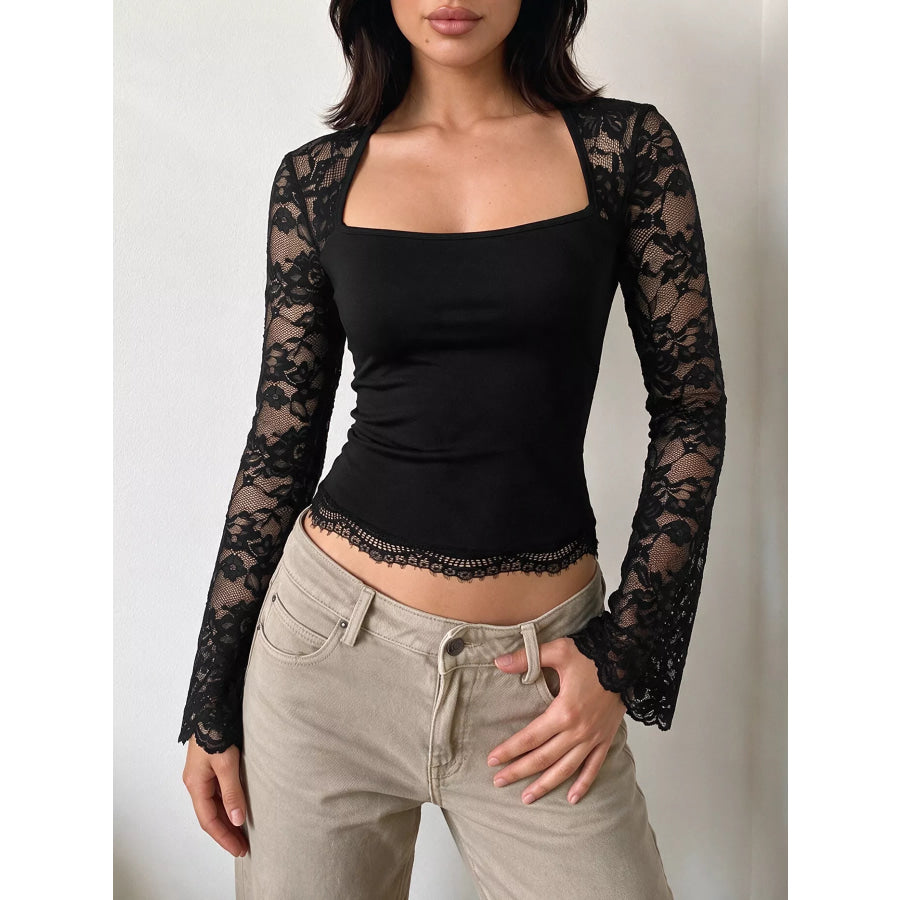 Lace Sleeve Square Neck Top Black / S Apparel and Accessories