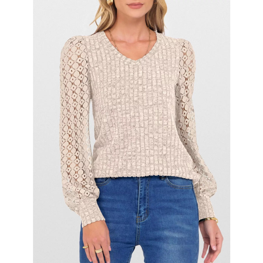 Lace Sleeve V-Neck T-Shirt Apparel and Accessories