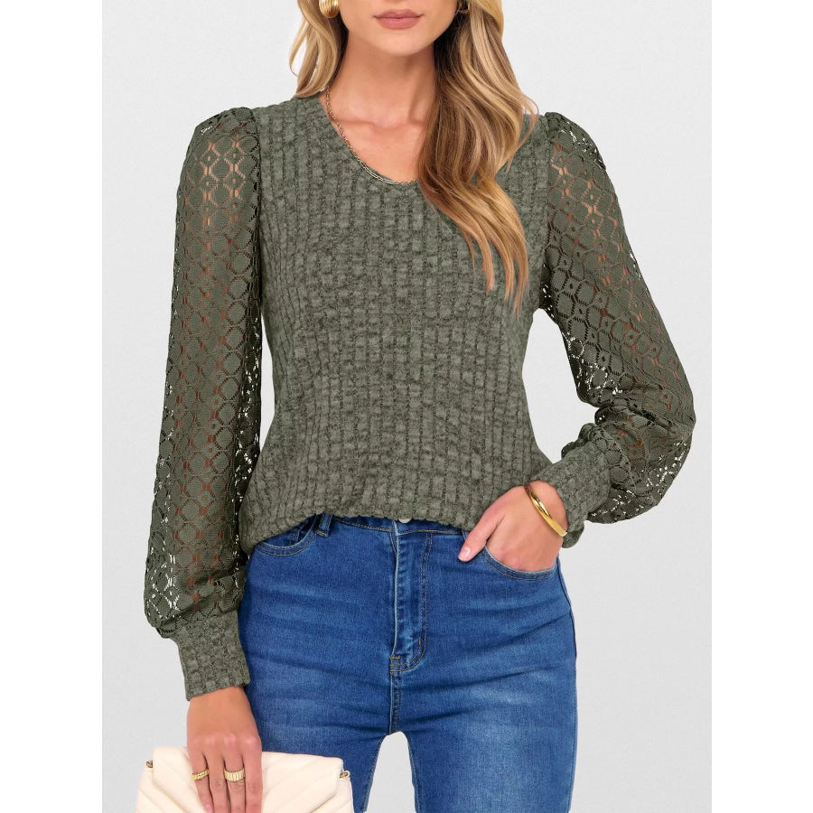 Lace Sleeve V-Neck T-Shirt Apparel and Accessories