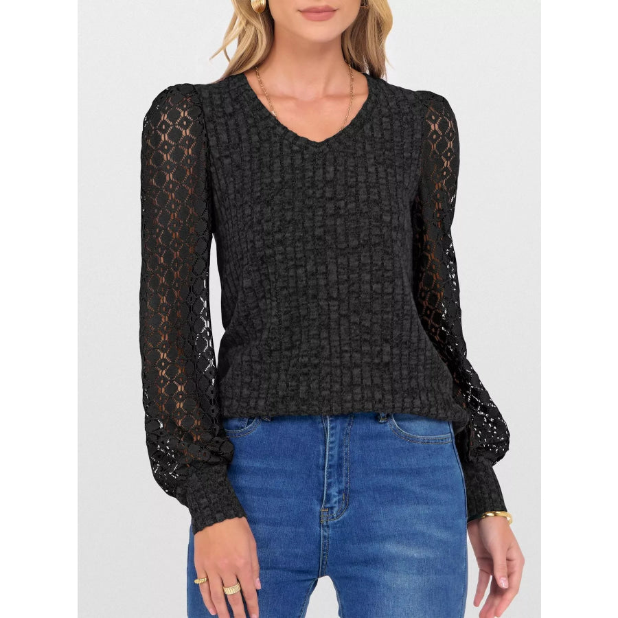 Lace Sleeve V-Neck T-Shirt Black / S Apparel and Accessories