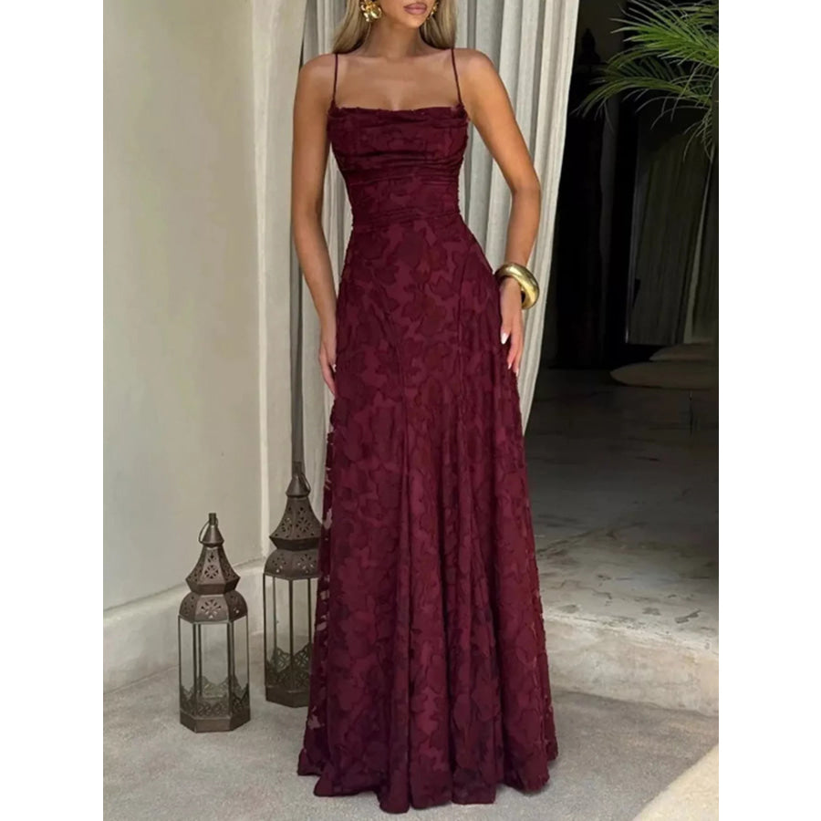 Lace Spaghetti Strap Maxi Dress Burgundy / S Apparel and Accessories