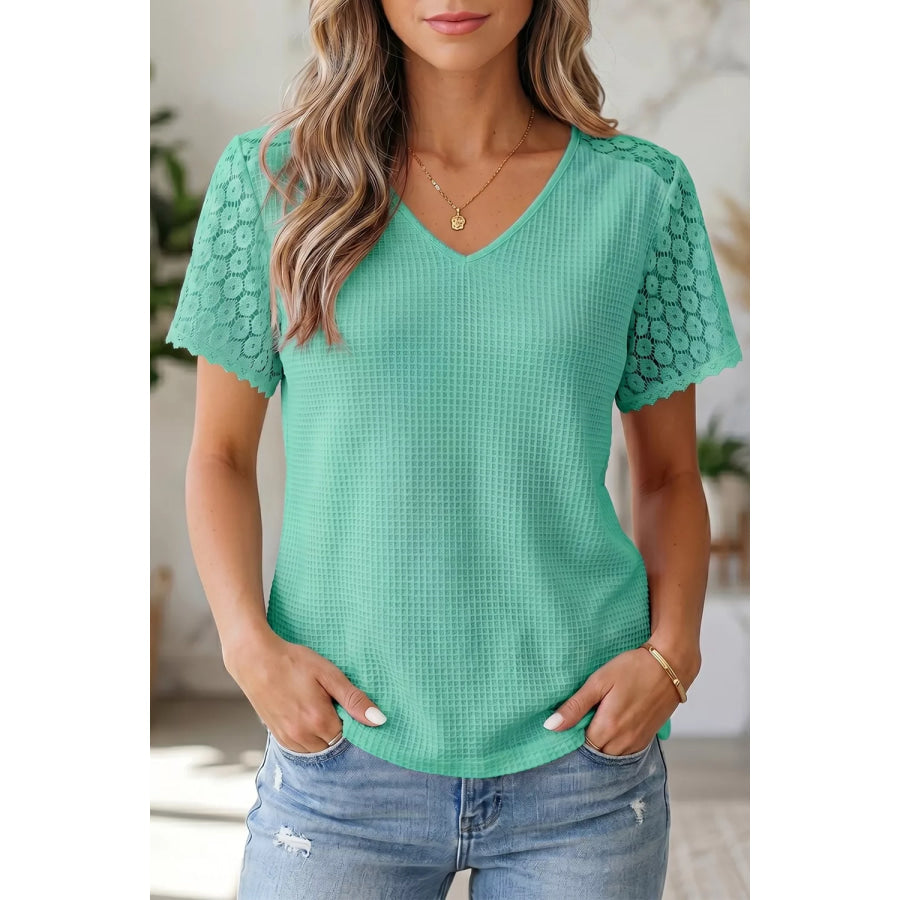 Lace Splicing Button Cutout V Neck Waffle Knit Blouse Turquoise / S Apparel and Accessories