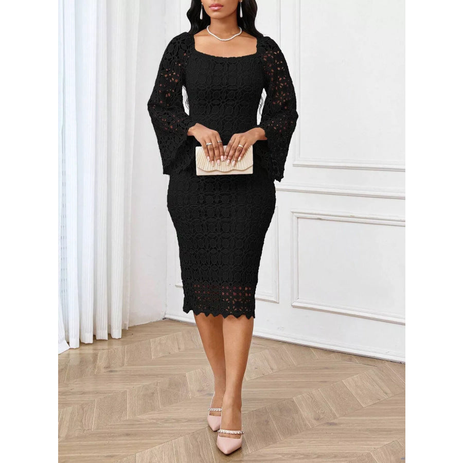 Lace Square Neck Midi Dress Apparel and Accessories