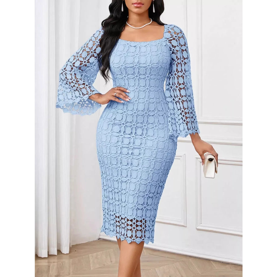 Lace Square Neck Midi Dress Light Blue / S Apparel and Accessories