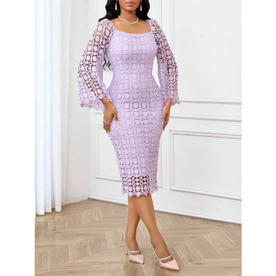 Lace Square Neck Midi Dress Light Purple / S Apparel and Accessories