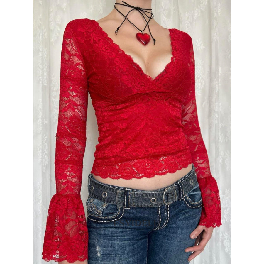 Lace Surplice Long Sleeve Blouse Apparel and Accessories