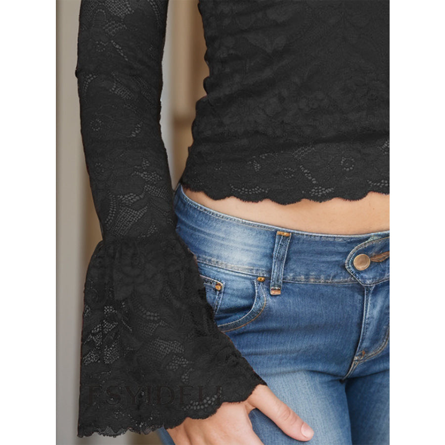 Lace Surplice Long Sleeve Blouse Apparel and Accessories