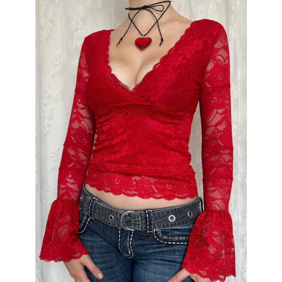 Lace Surplice Long Sleeve Blouse Deep Red / S Apparel and Accessories