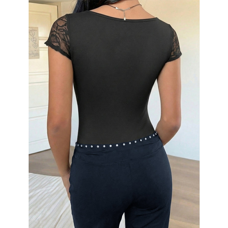 Lace Sweetheart Neck Cap Sleeve Bodysuit Apparel and Accessories
