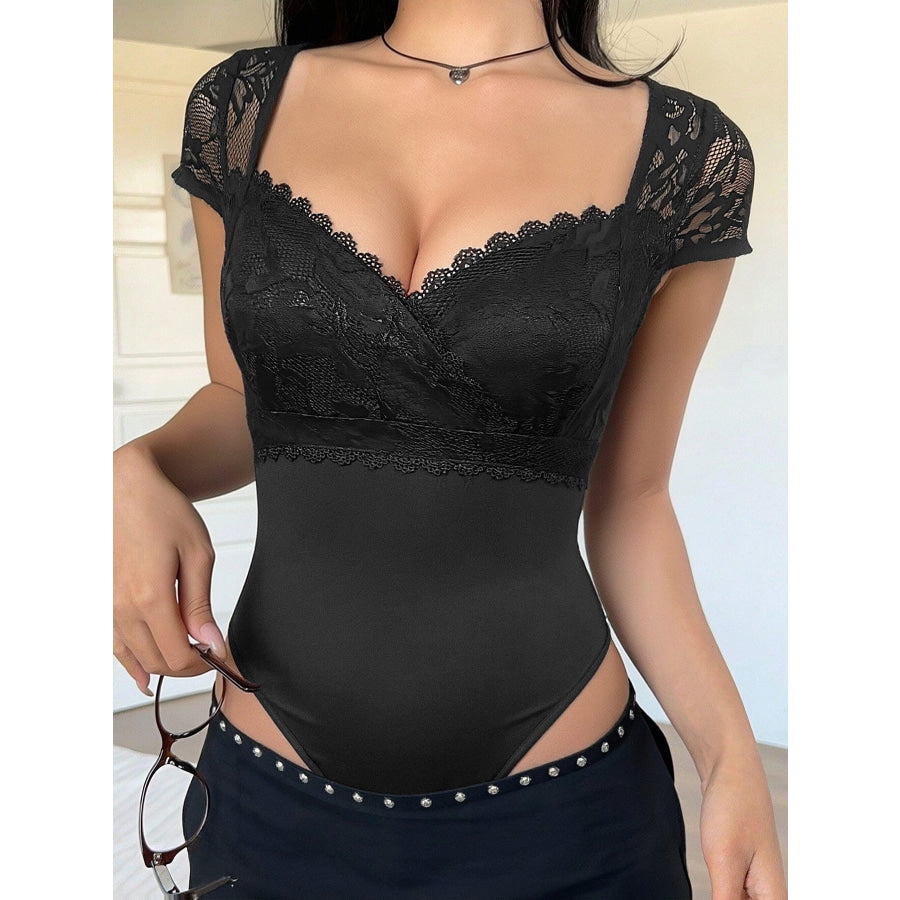 Lace Sweetheart Neck Cap Sleeve Bodysuit Black / S Apparel and Accessories