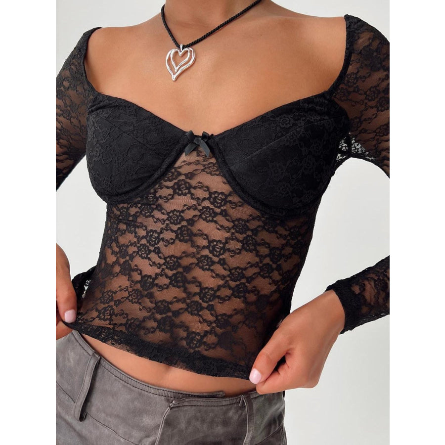 Lace Sweetheart Neck Long Sleeve T-Shirt Black / S Apparel and Accessories