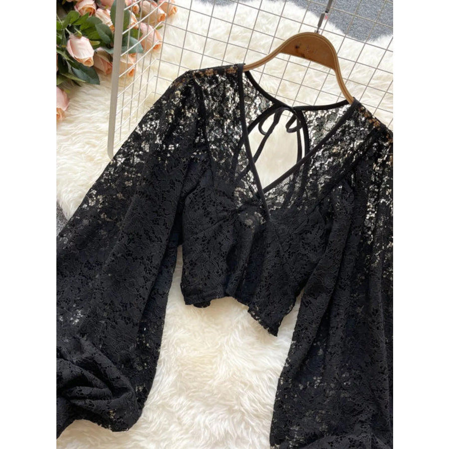 Lace Tie Back Long Sleeve Top Apparel and Accessories
