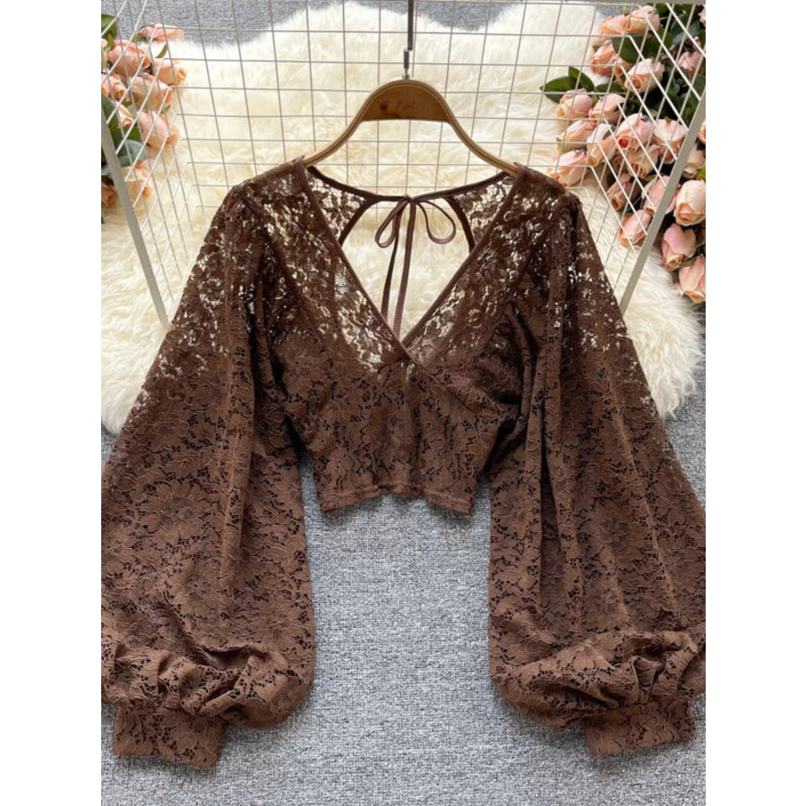 Lace Tie Back Long Sleeve Top Curry / One Size Apparel and Accessories