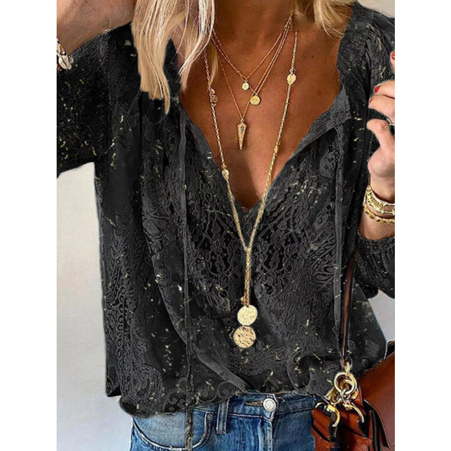 Lace Tie-Neck Blouse Black / S Apparel and Accessories