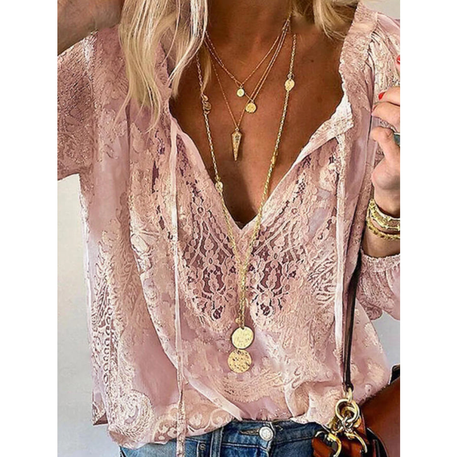 Lace Tie-Neck Blouse Pink / S Apparel and Accessories