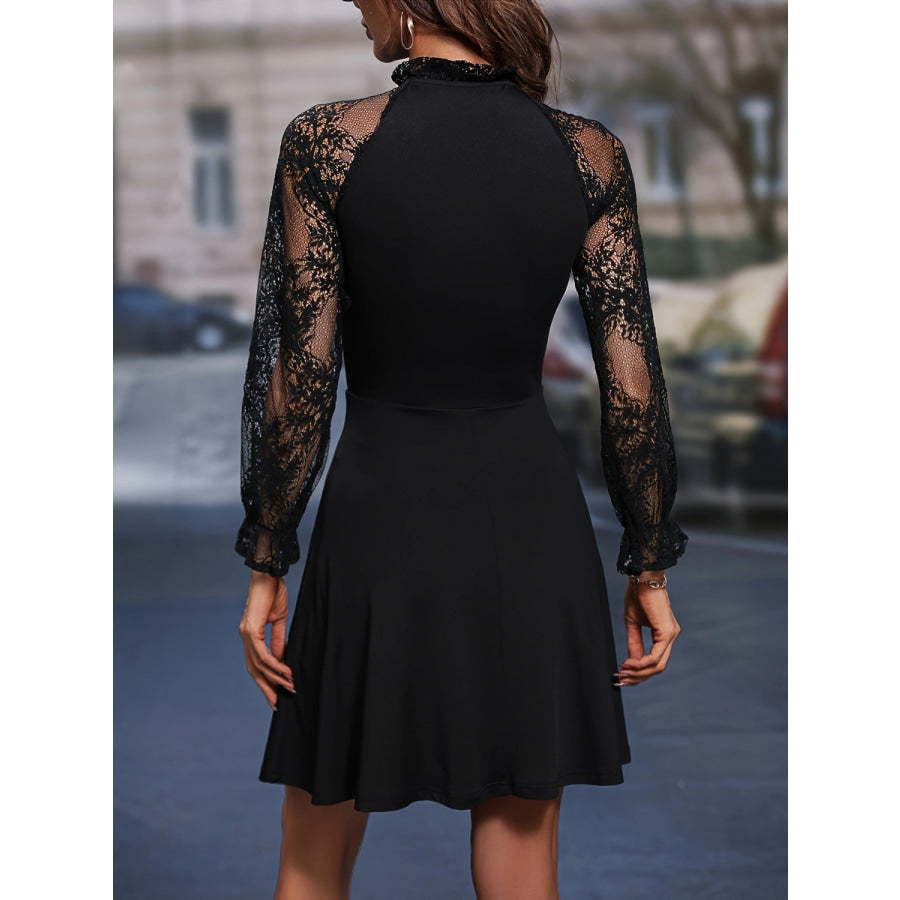 Lace Tie Neck Flounce Sleeve Dress Apparel and Accessories