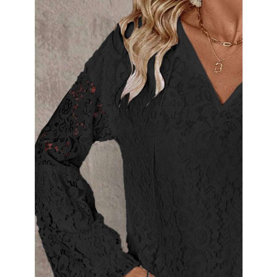 Lace Tie Neck Long Sleeve Blouse Apparel and Accessories