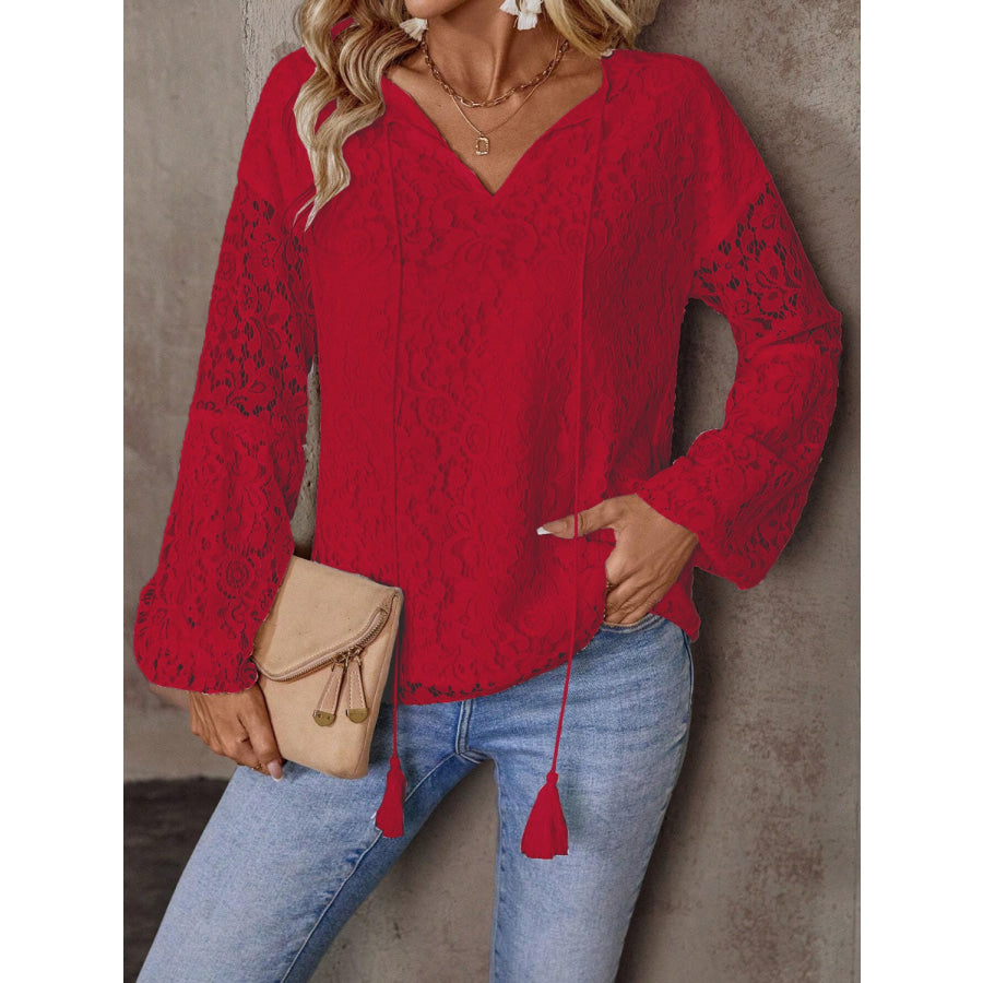 Lace Tie Neck Long Sleeve Blouse Apparel and Accessories