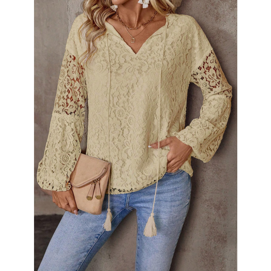 Lace Tie Neck Long Sleeve Blouse Apparel and Accessories